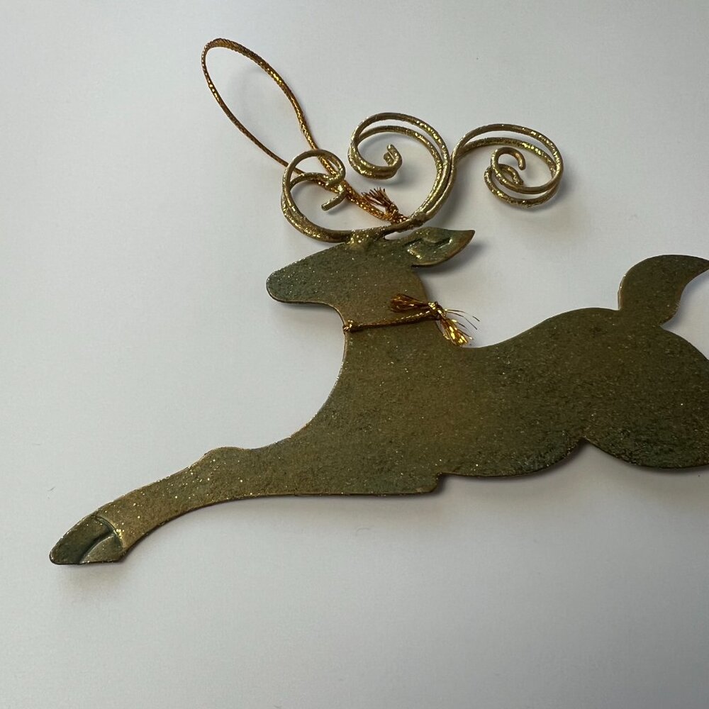 Flat Gold Glitter Metal Reindeer Christmas Ornament - Picture 2 of 7